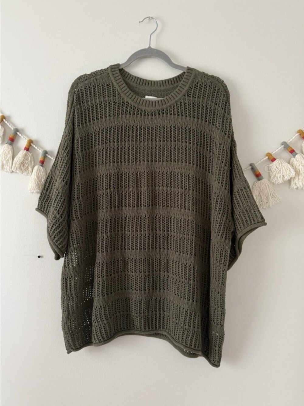 Aerie Crochet Open Knit Oversized Short Sleeve Top Green Beachy Cover Up Boho L